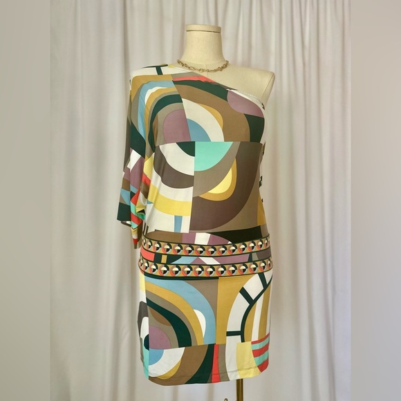 BCBGMaxAzria One Shoulder Dress in Multicolor Geometric Pattern (898) - Picture 1 of 12